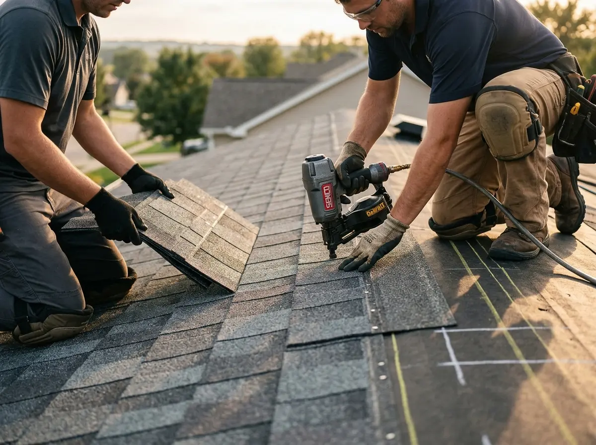 Professional roofer working on a residential roof in Thatcher